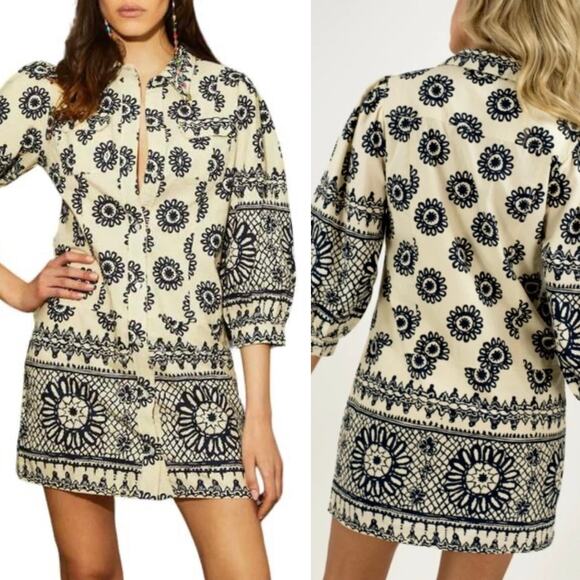 Love the Label Sula Mini Shirt Dress Dagmar Ivory Navy Collared Block Print Sz L - Picture 1 of 7